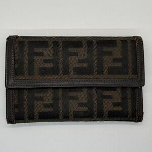 Fendi Zucca Print Canvas Leather Trim Bi‎ Fold Wallet Brown Authentic Designer